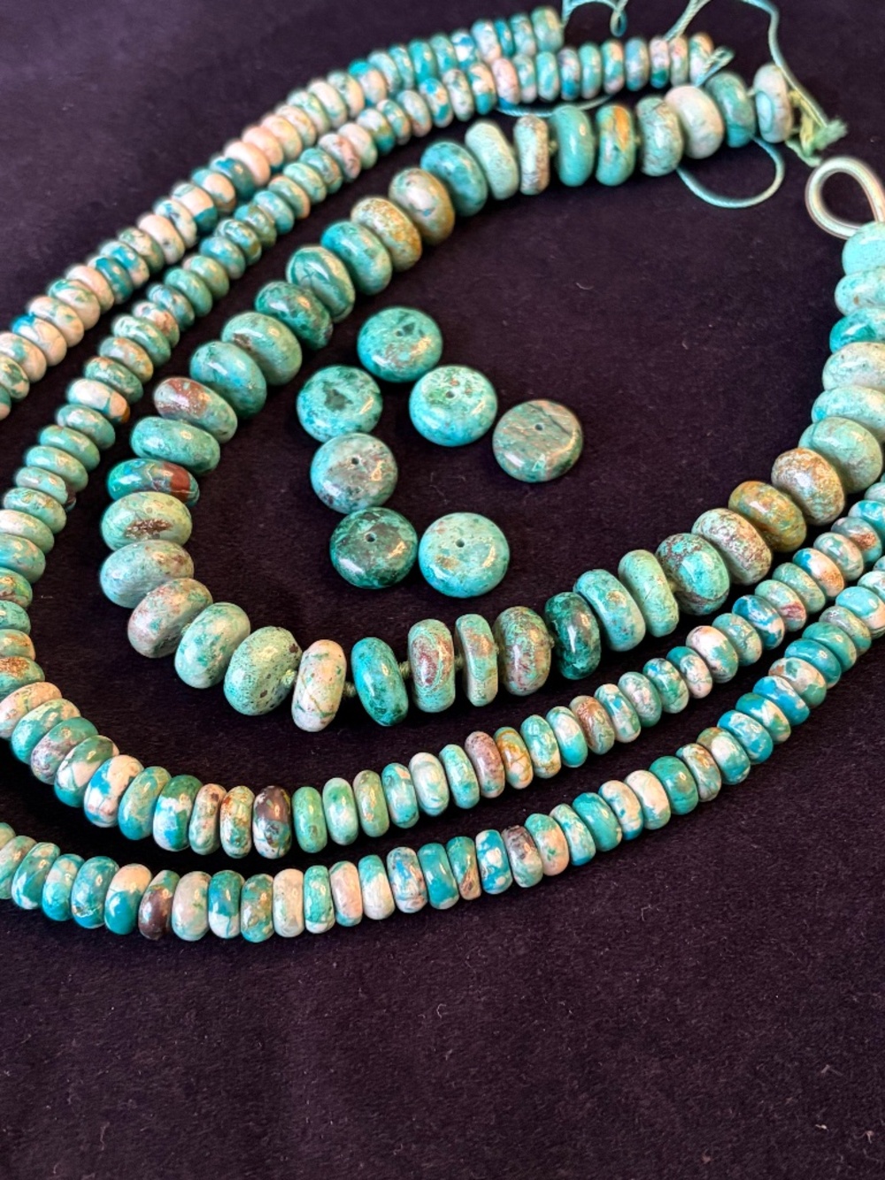 Lot of 3 polished chrysocolla beads strands, natural gemstone.